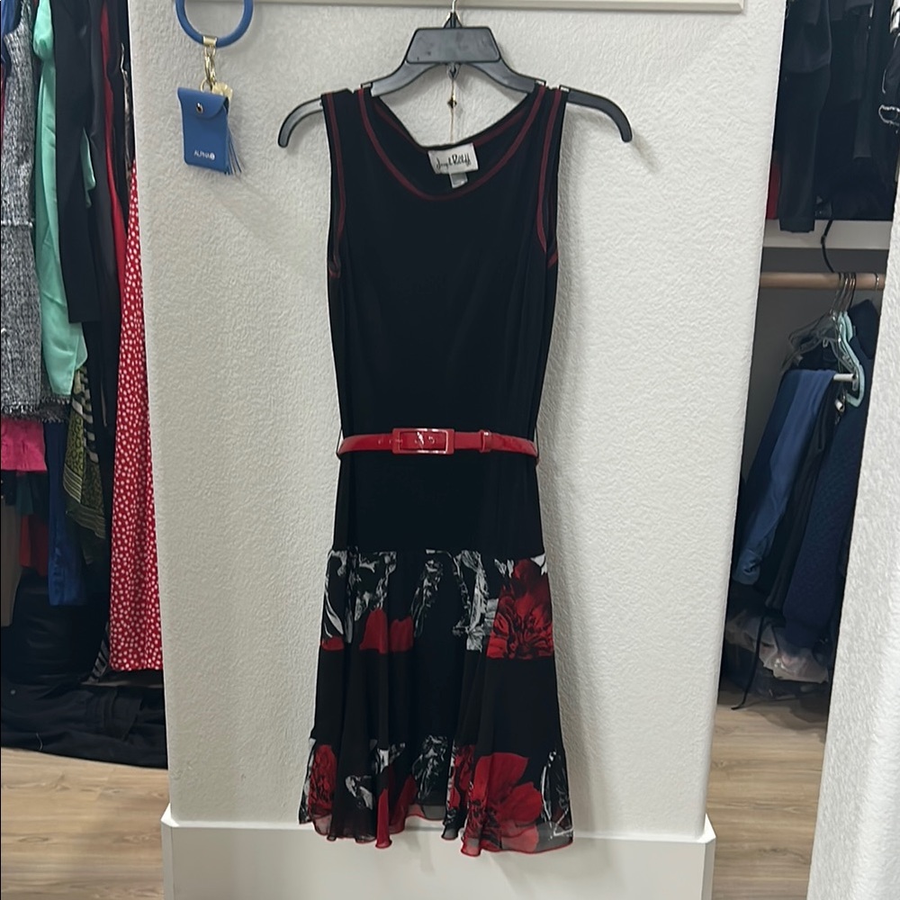 Black and Red Sleeveless Dress with Floral Hem